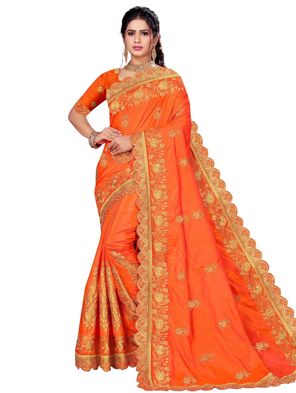 orange silk blend embroidered saree with blouse - 20757364 - Zoom Image - 0