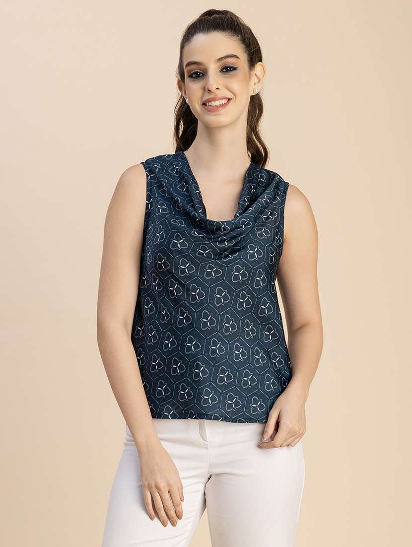 teal blue satin detailed regular top - 20765929 -  Zoom Image - 0