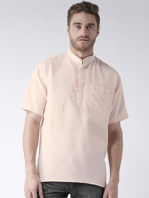 men peach solid short sleeve short kurta - 20766014 - Standard Image - 0