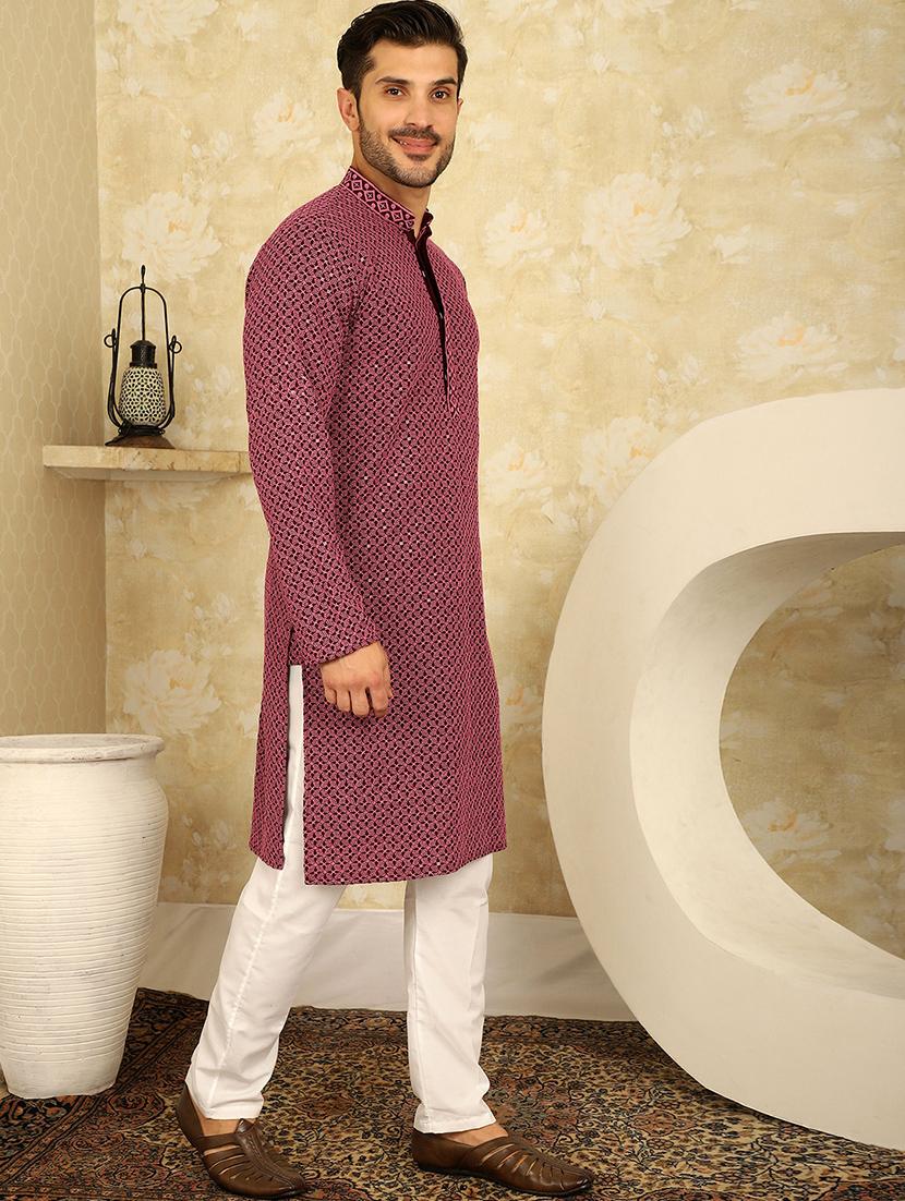 mandarin neck embroidered kurta - 20766344 - Standard Image - 3