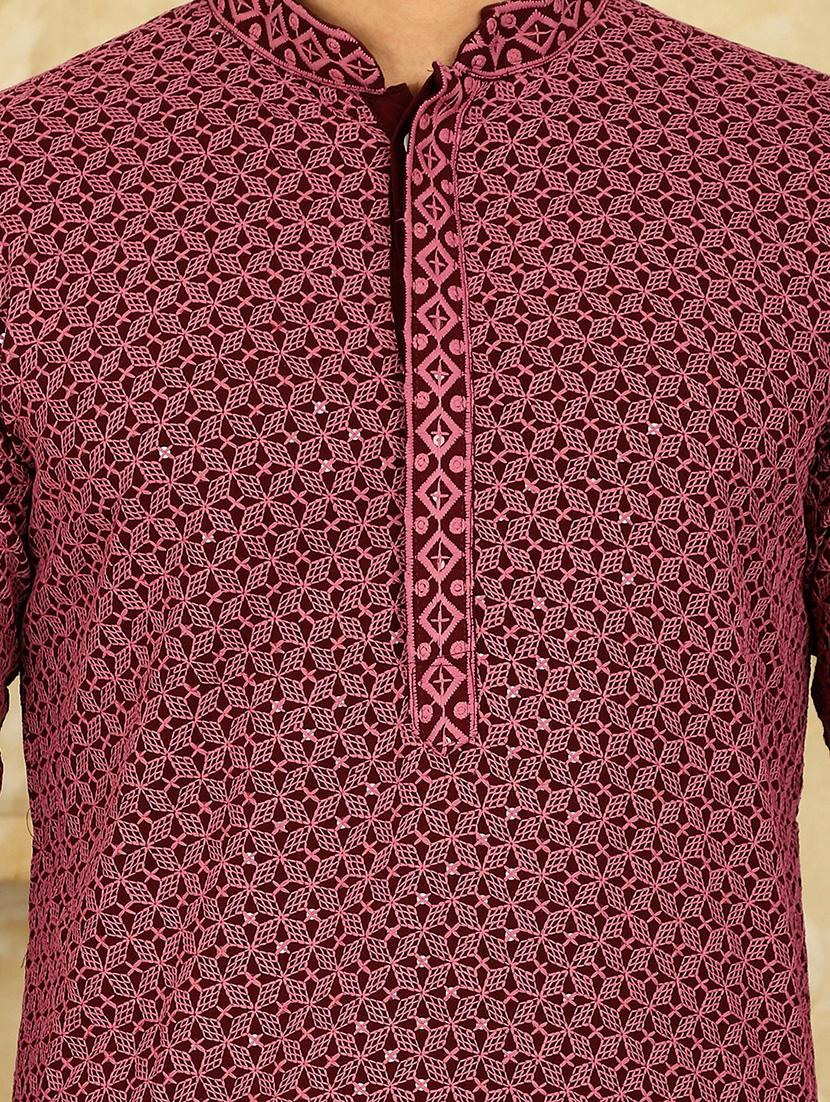 mandarin neck embroidered kurta - 20766344 - Standard Image - 5