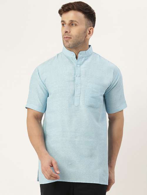 light blue cotton blend short kurta - 20766888 - Standard Image - 0