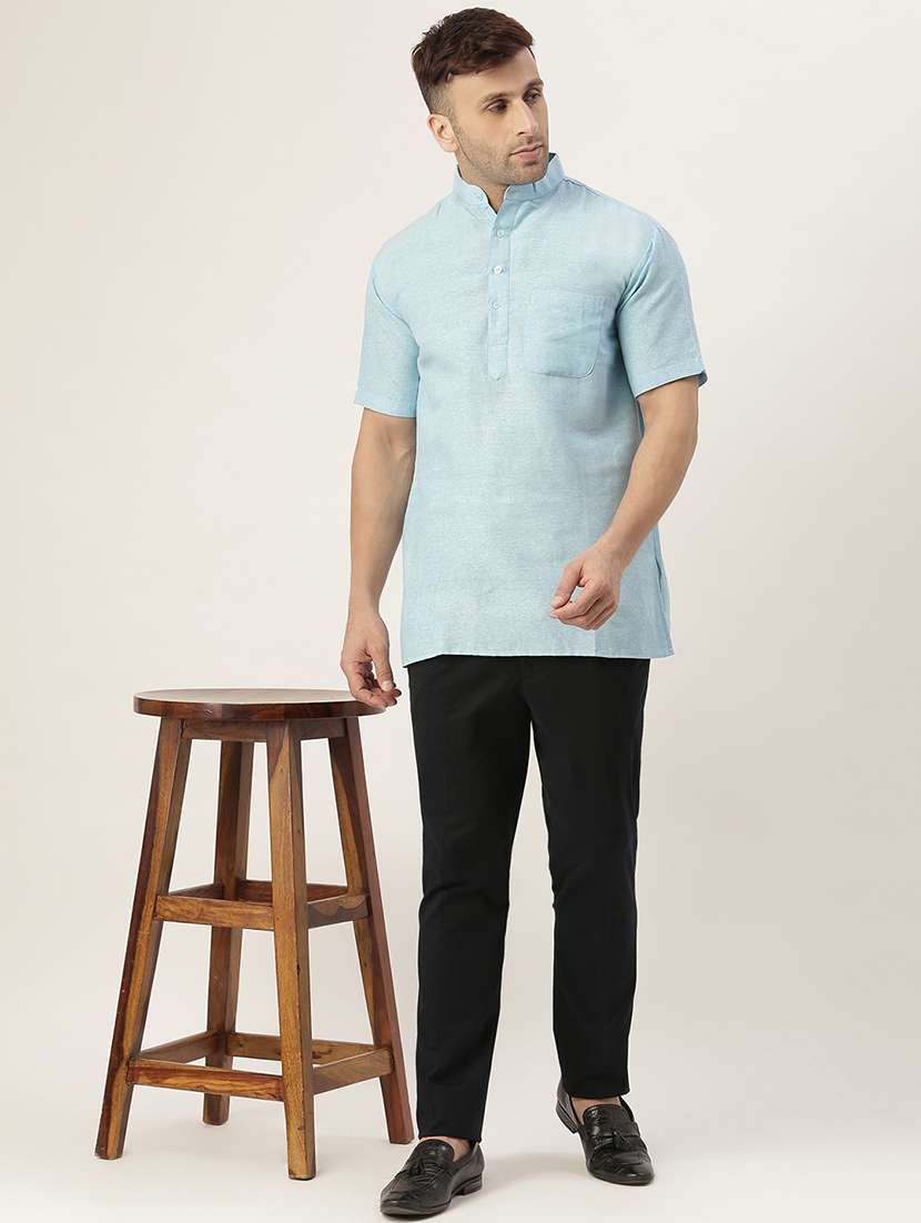 light blue cotton blend short kurta - 20766888 - Standard Image - 3