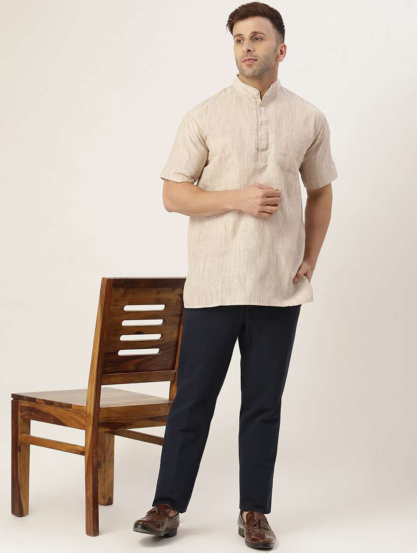 men mandarin neck cotton blend short kurta - 20766978 - Standard Image - 3