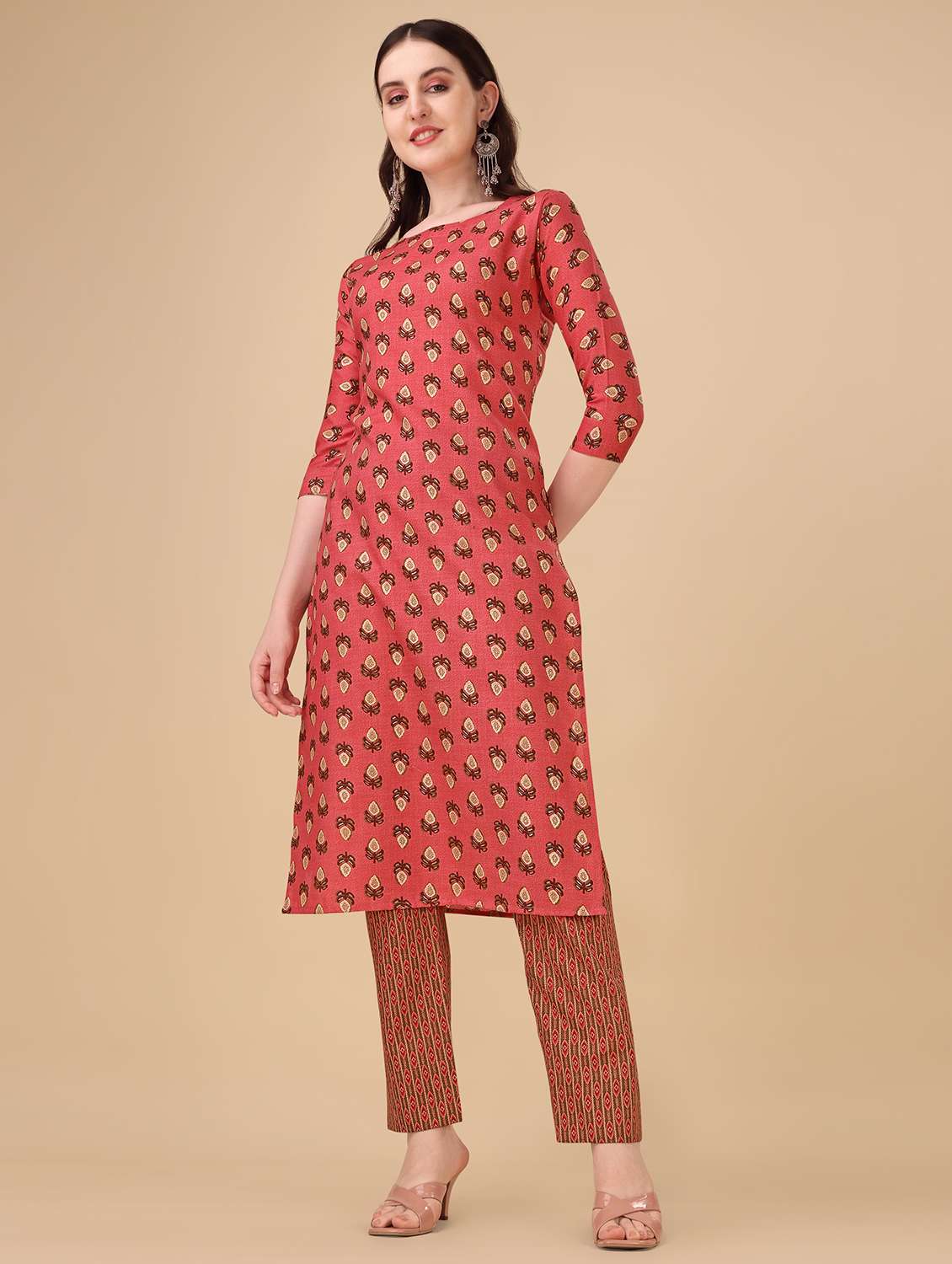 women peach round neck kurta pant set - 20767008 - Zoom Image - 0