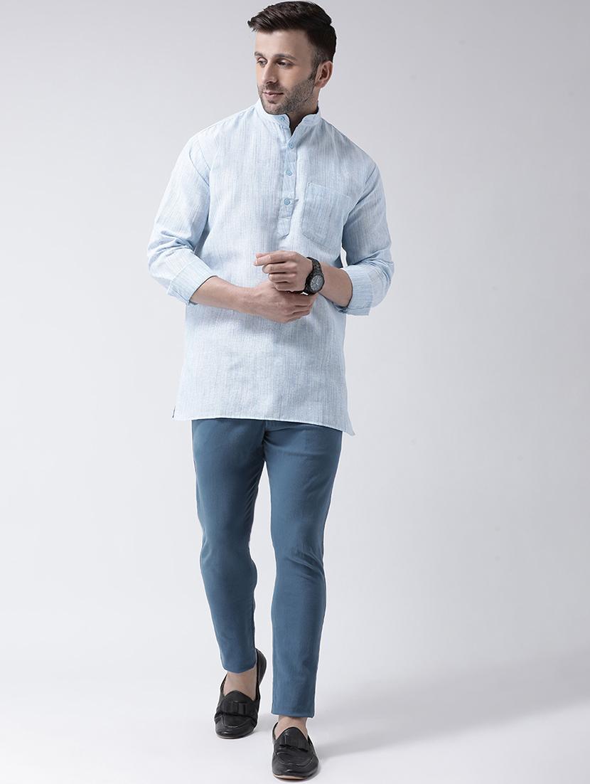 light blue cotton blend short kurta - 20767053 - Standard Image - 3