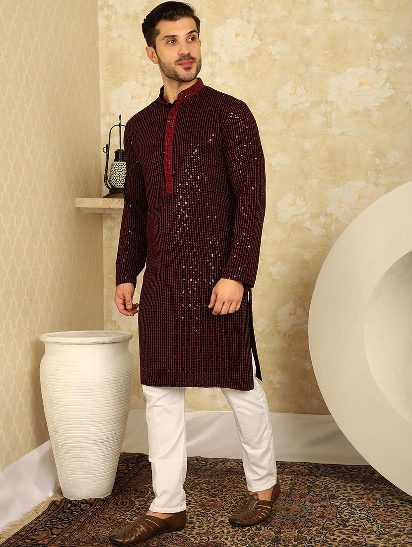men's sequins chikankari embroidered kurta with pyjama - 20767170 - Zoom Image - 0