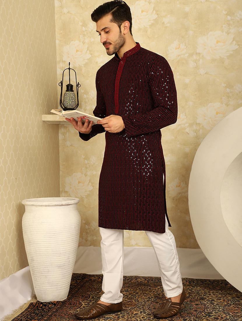 men's sequins chikankari embroidered kurta with pyjama - 20767170 - Standard Image - 3
