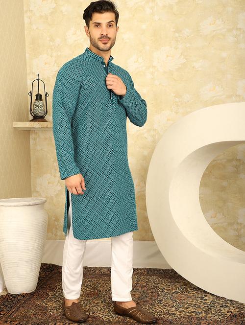 men green embroidered kurta pyjama ethnic wear set - 20767186 - Standard Image - 0