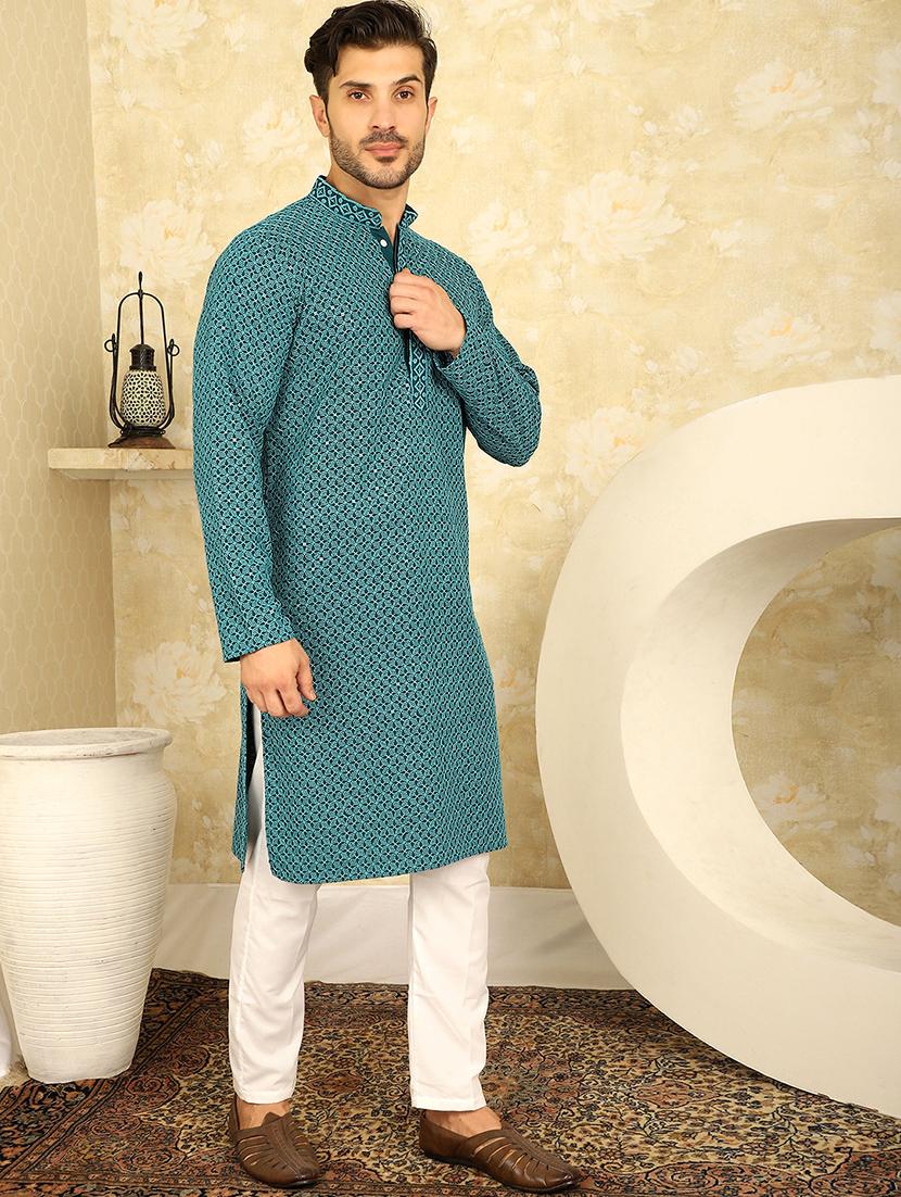 men green embroidered kurta pyjama ethnic wear set - 20767186 - Zoom Image - 0