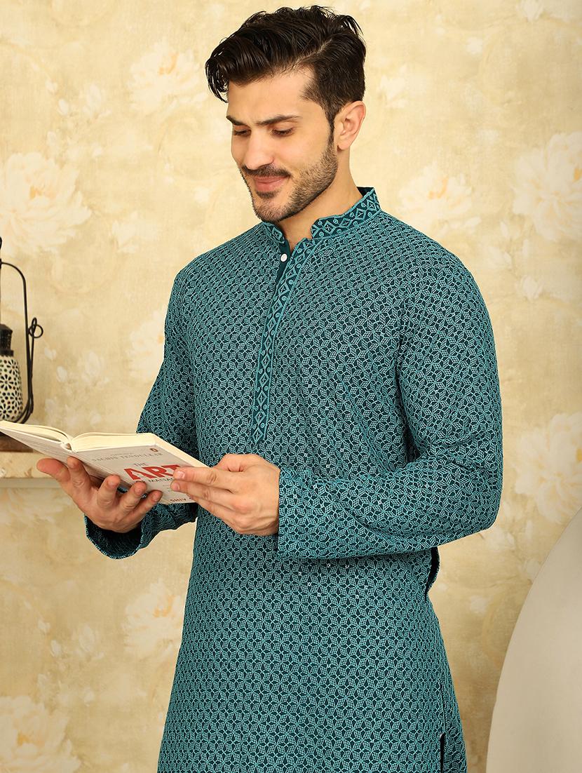 men green embroidered kurta pyjama ethnic wear set - 20767186 - Standard Image - 3