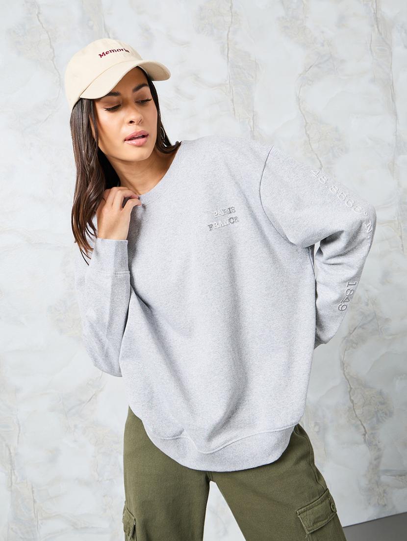 grey cotton typographic oversized sweatshirt