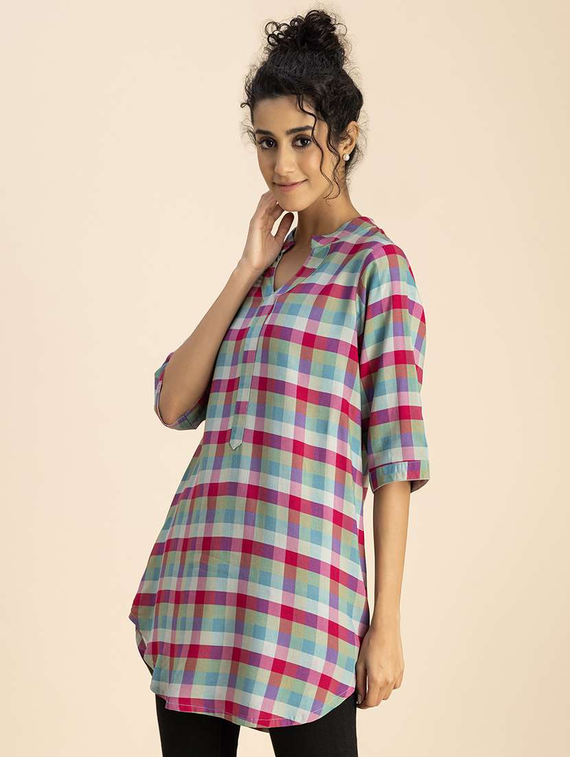 women checkered mandarin neck top - 20767815 -  Standard Image - 3