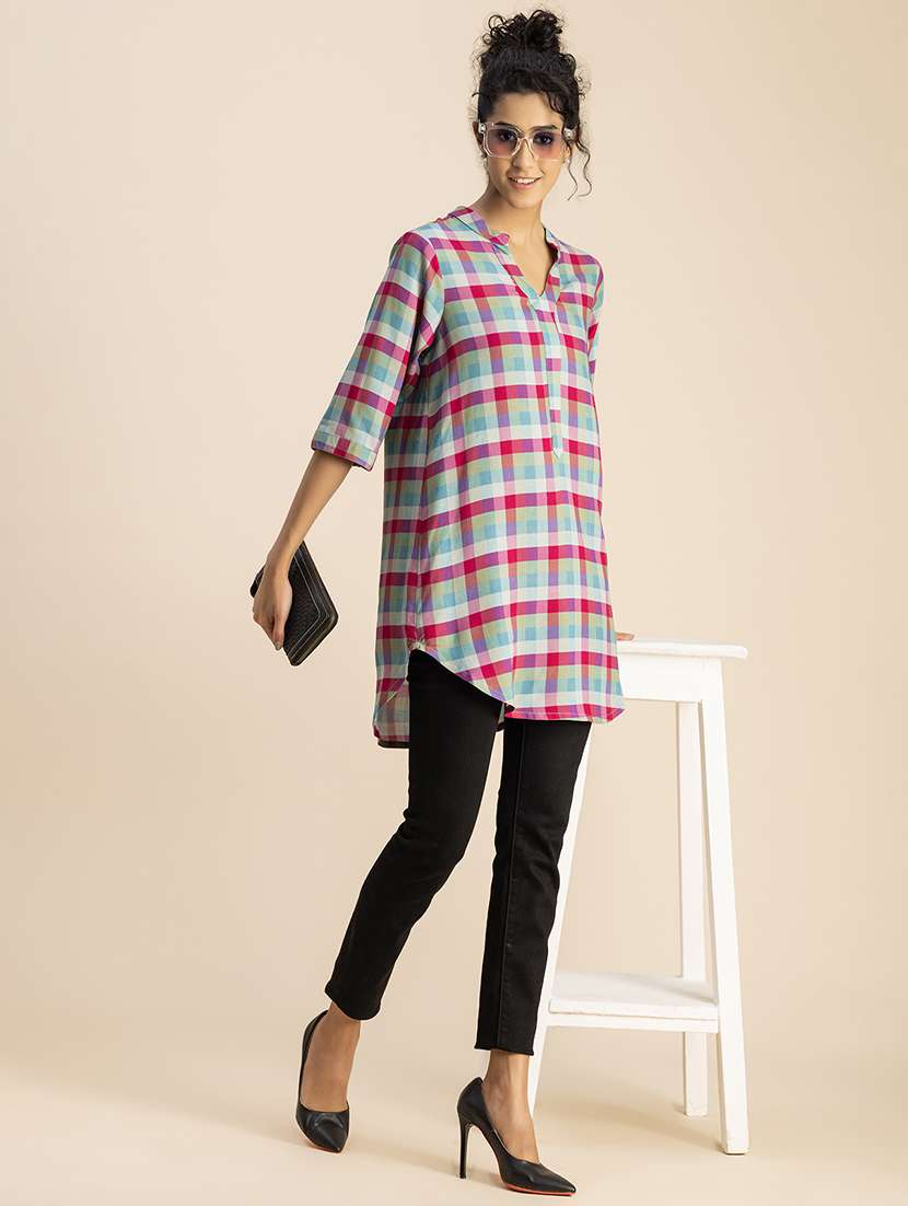 women checkered mandarin neck top - 20767815 -  Standard Image - 5
