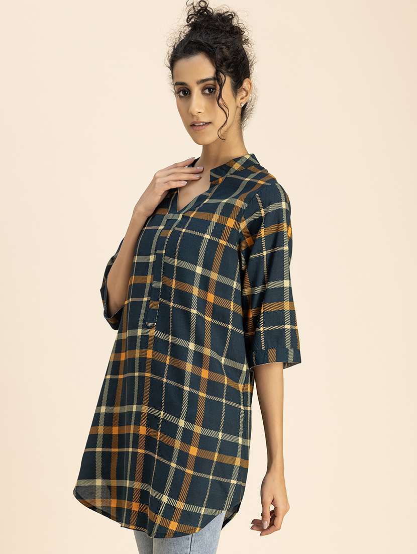 women checkered mandarin neck top - 20767817 -  Standard Image - 3