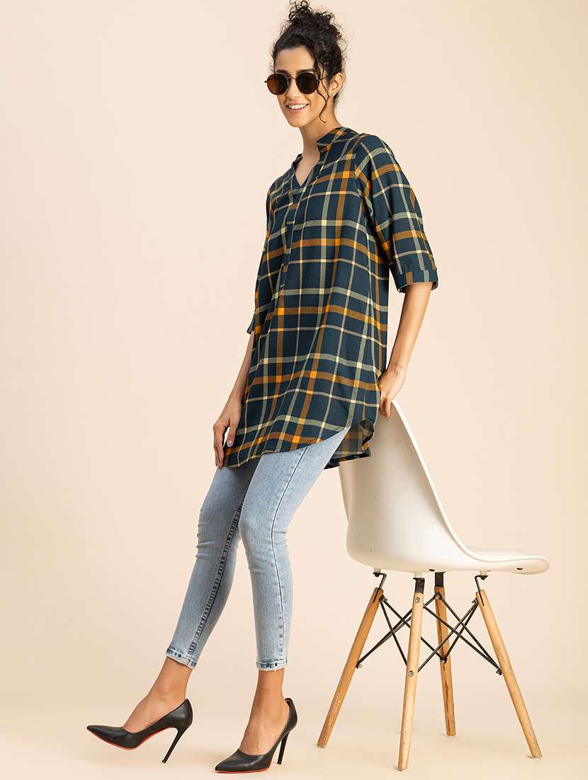 women checkered mandarin neck top - 20767817 -  Standard Image - 5