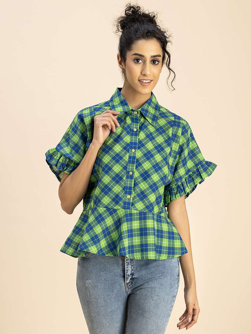 women checkered collared peplum top