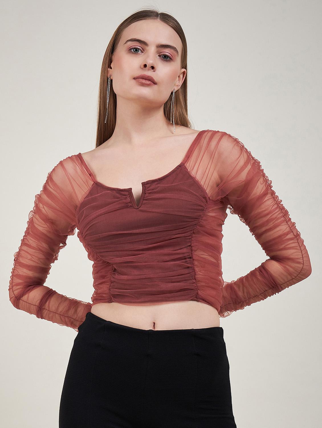 solid brown gathered detailed crop top - 20768035 - Zoom Image - 0