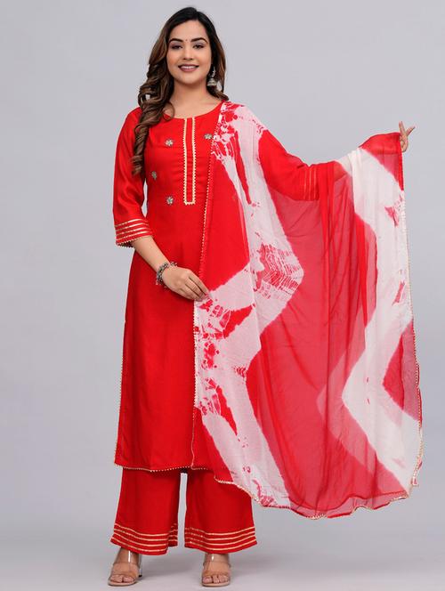 women red round neck kurta palazzo set with dupatta - 20768055 - Standard Image - 0
