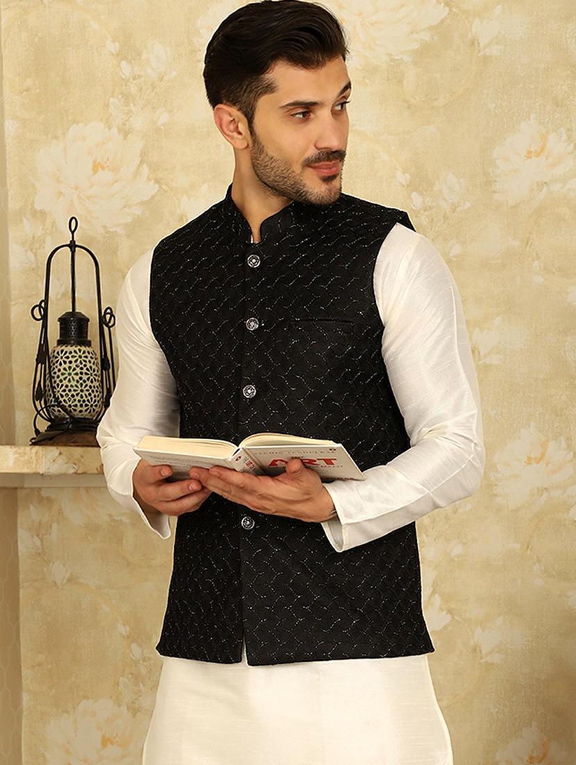 black silk blend nehru jacket - 20768081 - Zoom Image - 0