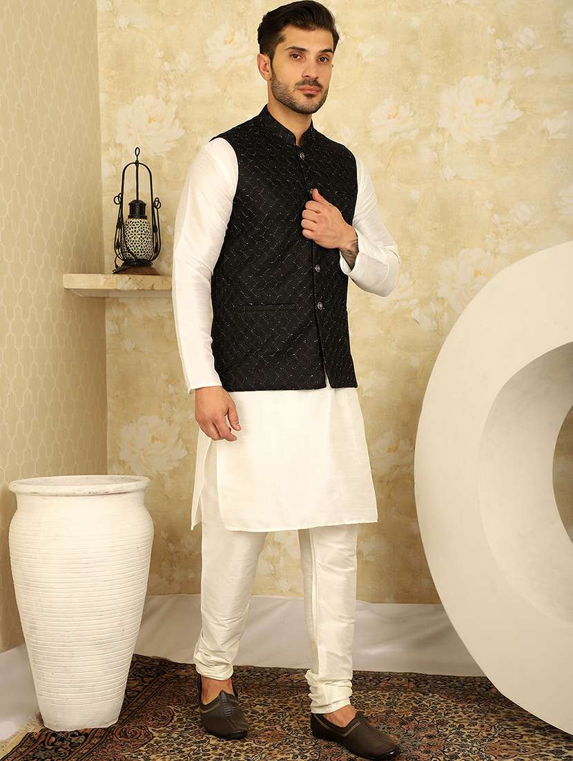 black silk blend nehru jacket - 20768081 - Standard Image - 3