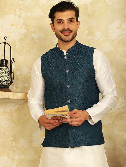 teal blue self design nehru jacket - 20768083 - Standard Image - 0