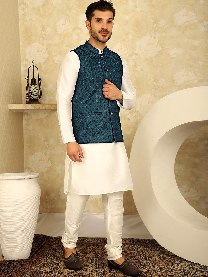 teal blue self design nehru jacket - 20768083 - Standard Image - 3