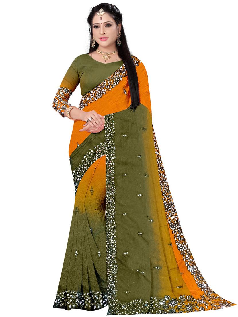 olive & orange embellished saree - 20768148 - Zoom Image - 0