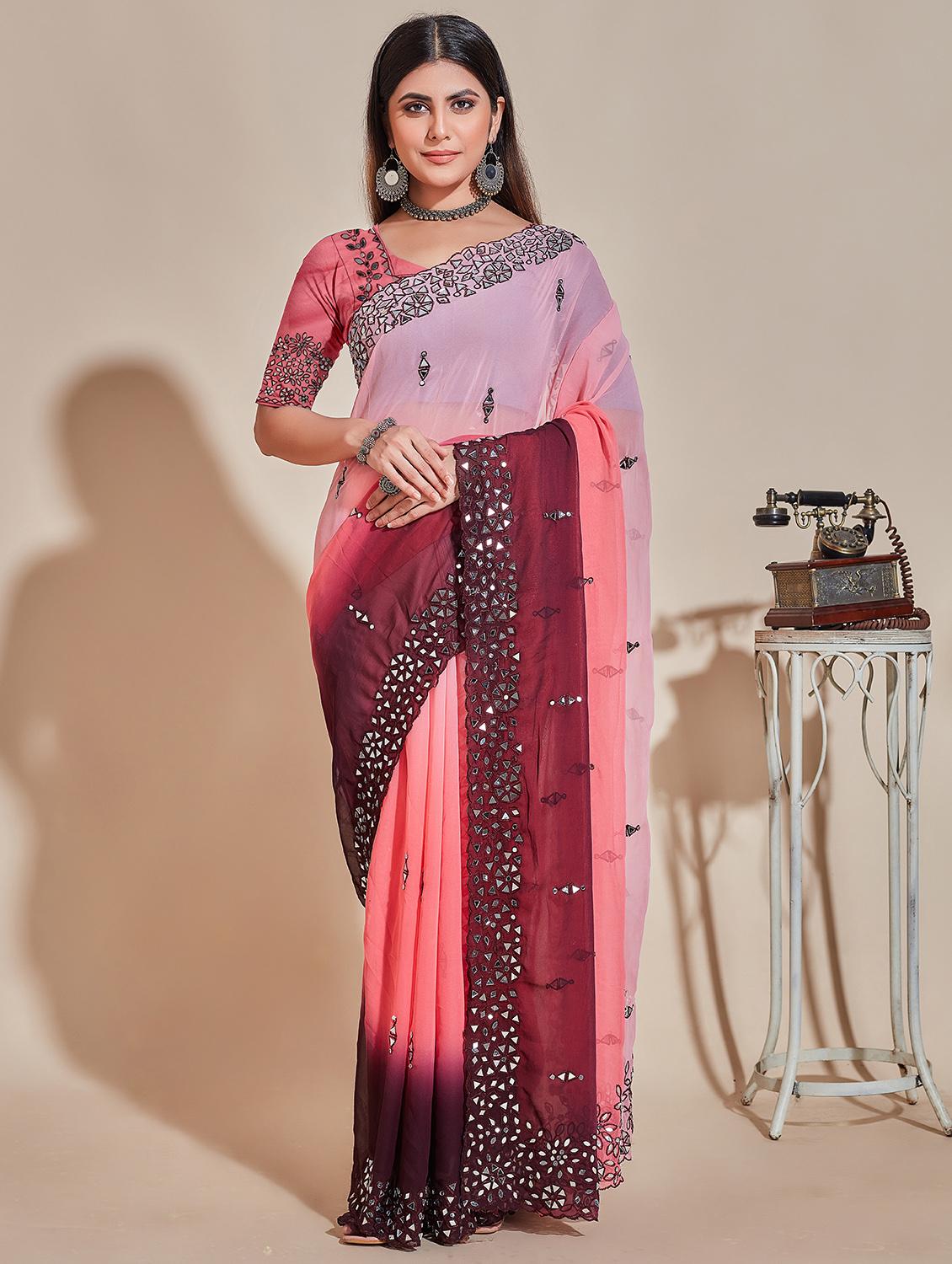 peach embellished saree - 20768150 - Zoom Image - 0