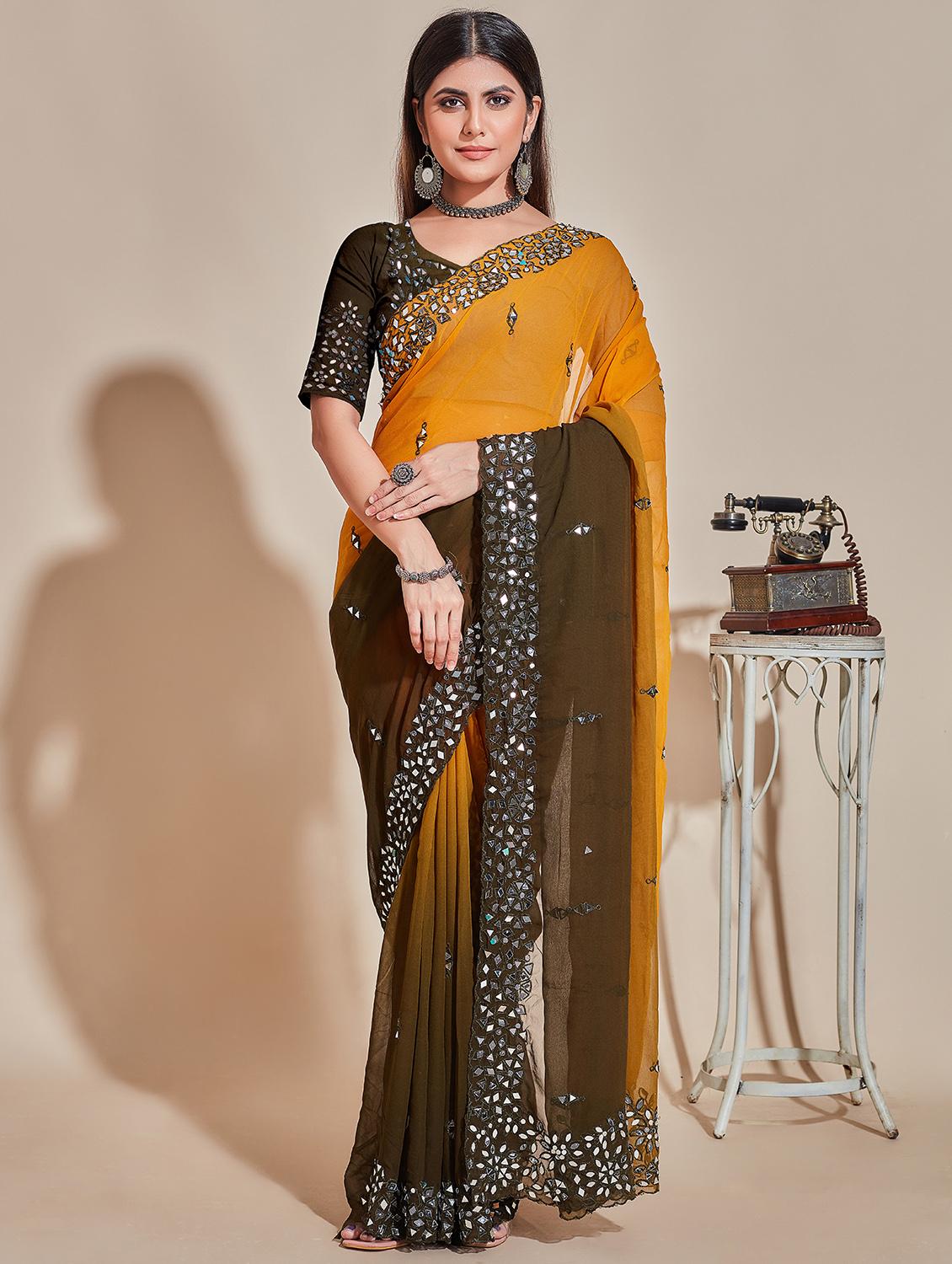 olive & orange embellished saree - 20768153 - Zoom Image - 0