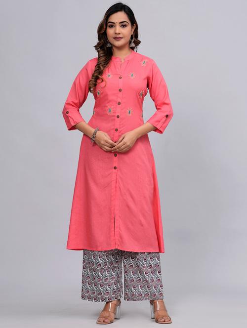 pink three quarter sleeve kurta palazzo set set - 20777778 - Standard Image - 0