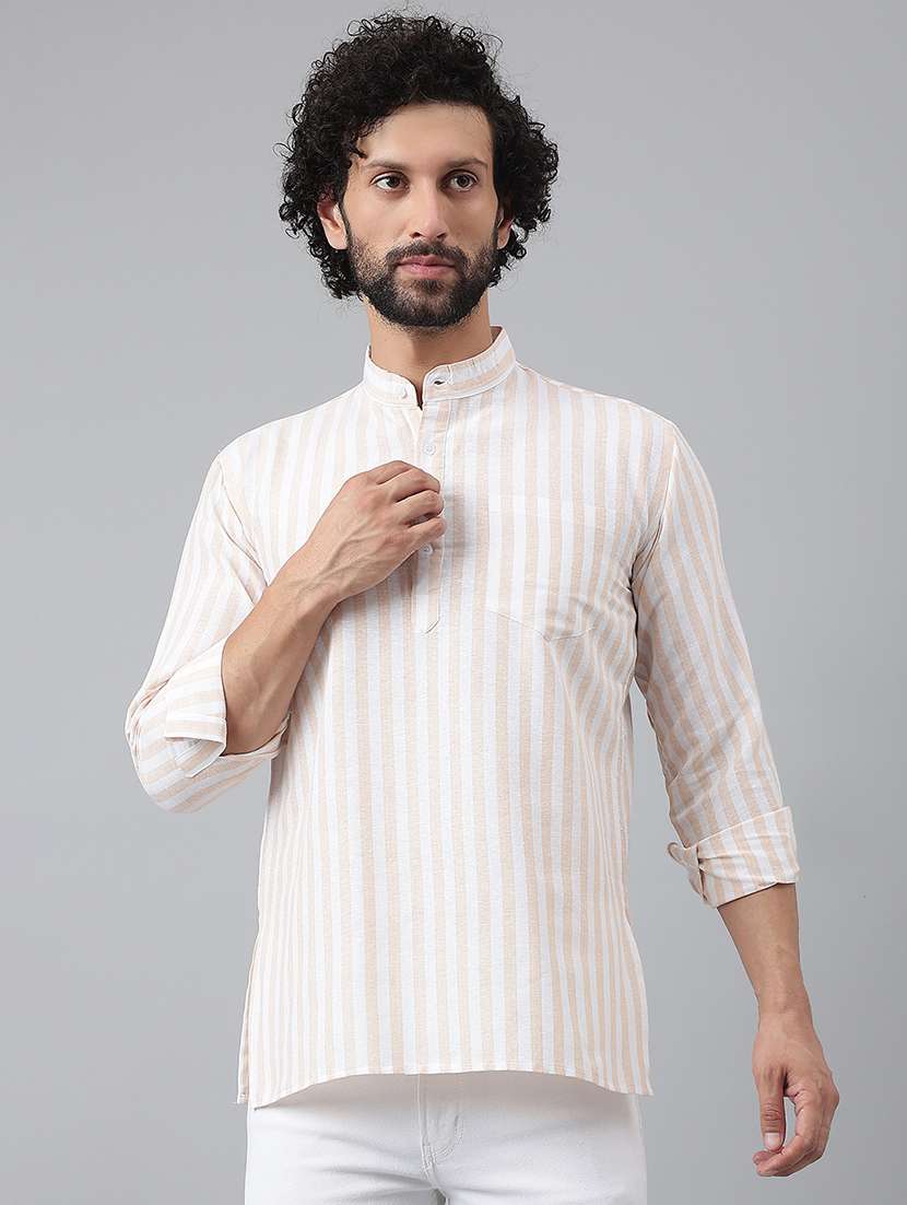 beige striped cotton blend short kurta - 20794797 - Zoom Image - 0