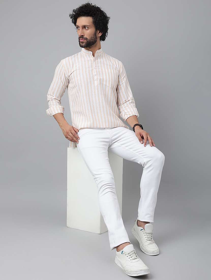 beige striped cotton blend short kurta - 20794797 - Standard Image - 3
