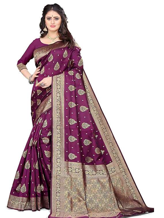 women purple self design banarasi saree