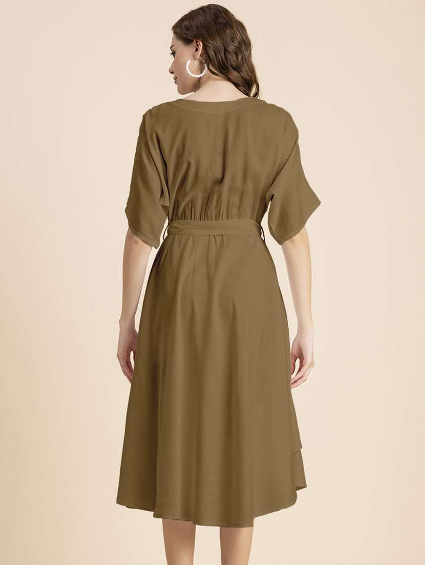 women solid short sleeves belted dress - 20795249 -  Standard Image - 3