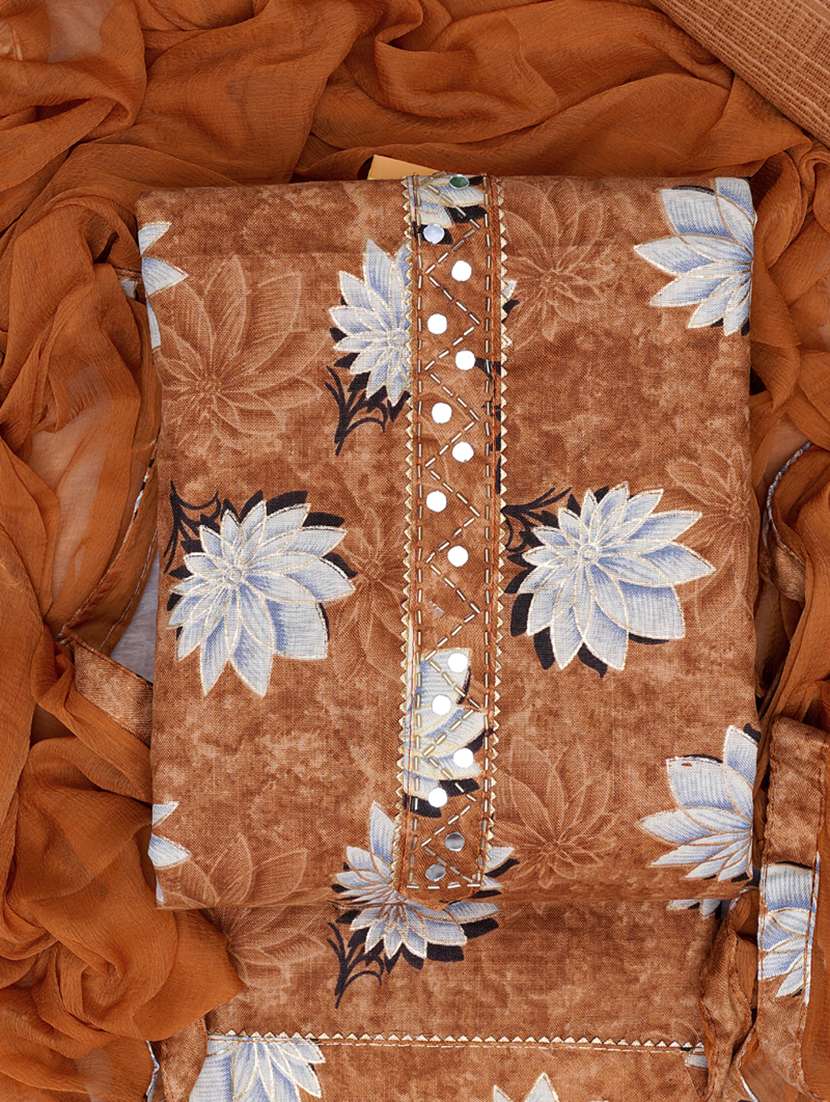 mustard floral printed unstitched suit set - 20795385 - Standard Image - 3