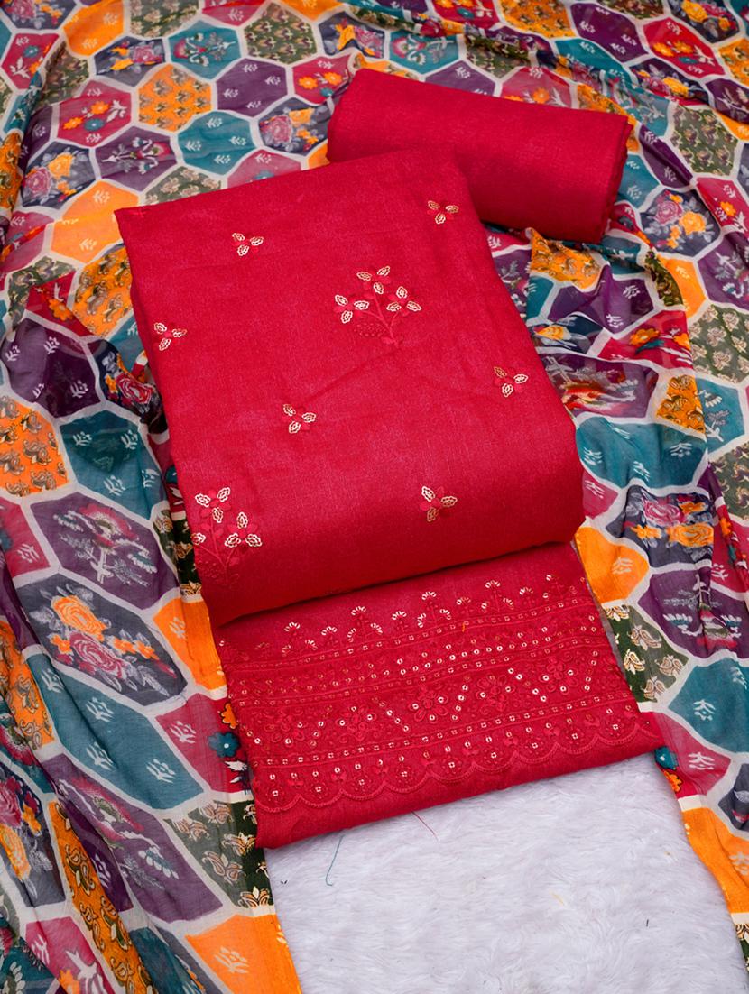 red embroidered unstitched suit set - 20795400 -  Zoom Image - 0