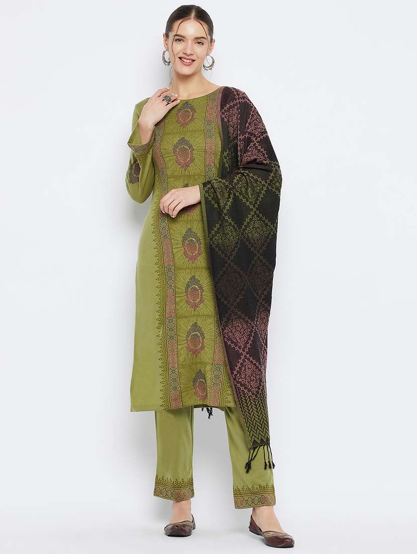 women green self-designed woolen suit set - 20796487 -  Zoom Image - 0