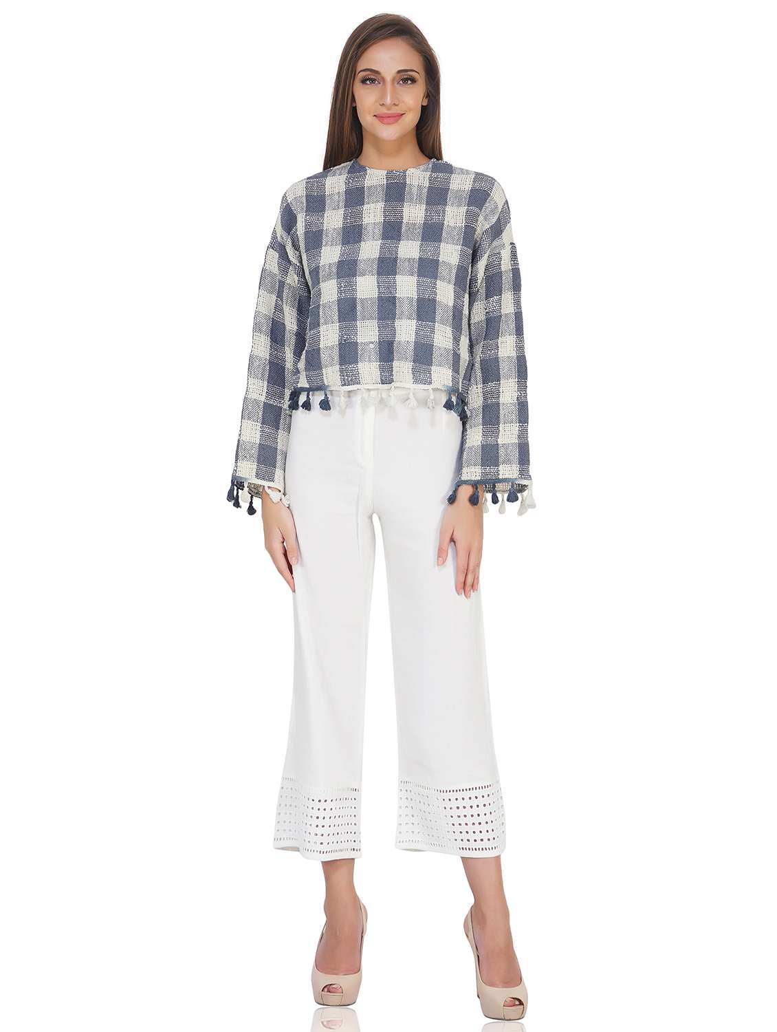 white checked printed detailed top - 20796643 -  Standard Image - 3