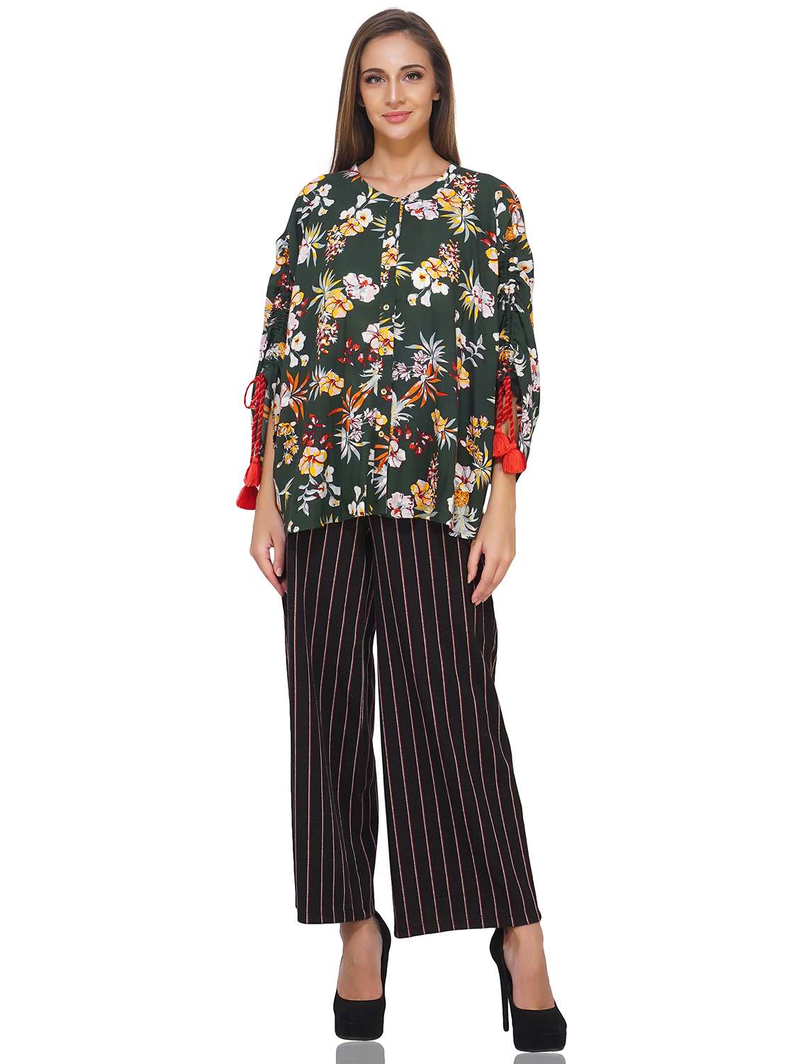 green floral printed detailed shirt style top - 20796644 -  Standard Image - 3