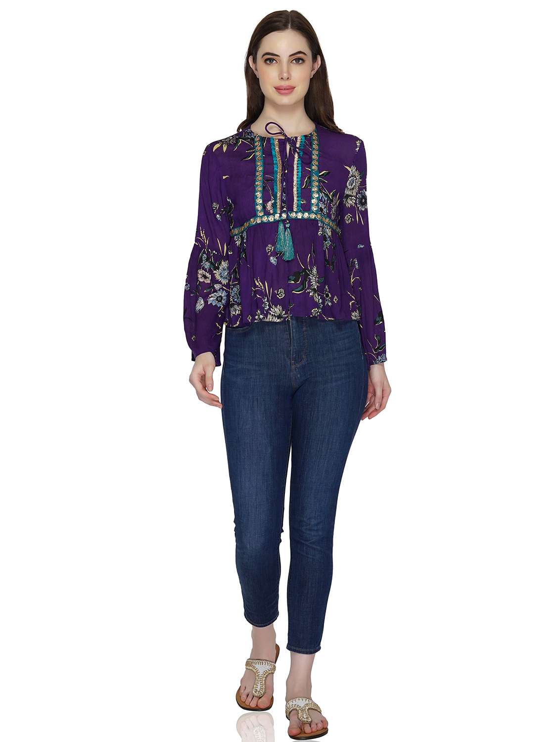 purple floral printed detailed peplum top - 20796651 -  Standard Image - 3