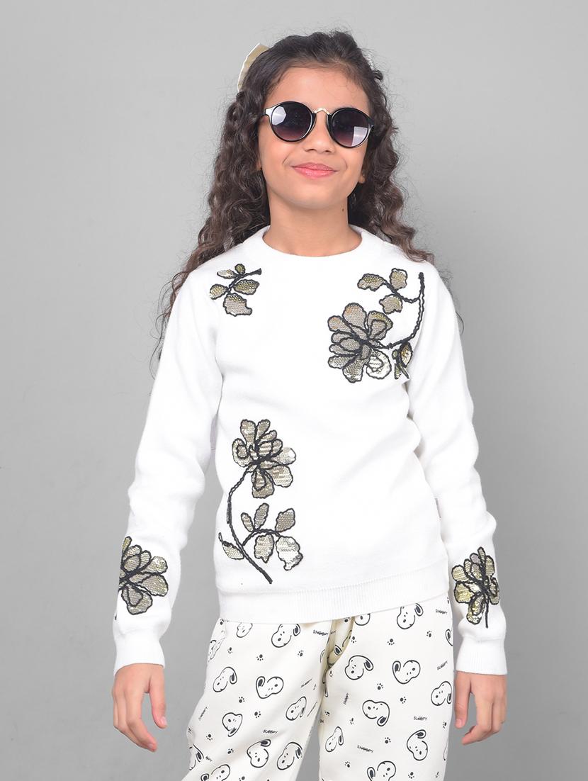 girls floral embroidered pullover sweater