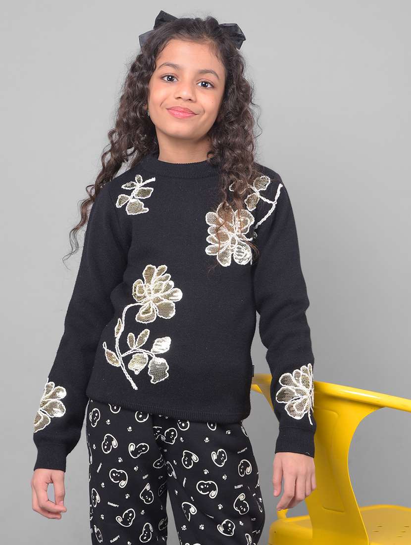 girls floral embroidered pullover sweater