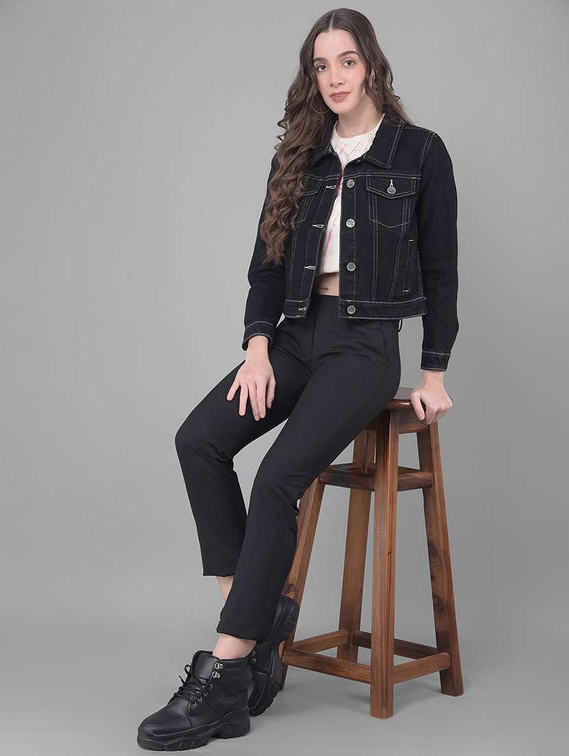 women solid black collared jacket - 20796963 - Standard Image - 5