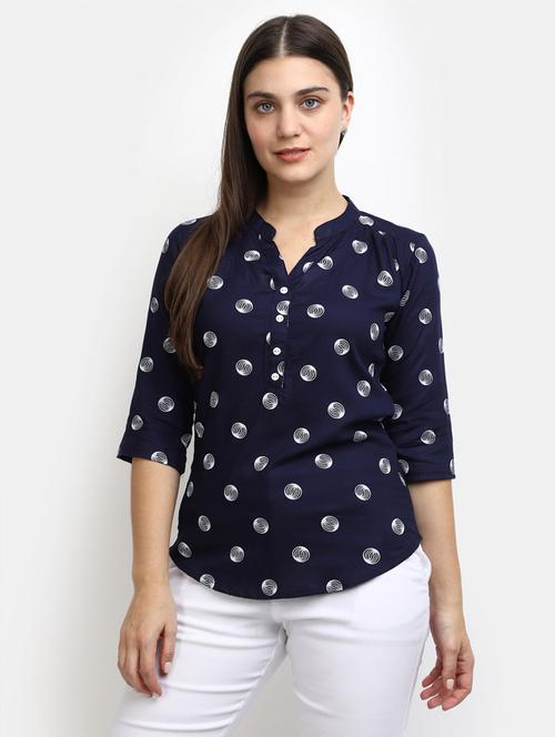 women mandarin neck printed a line top - 20798096 - Standard Image - 0
