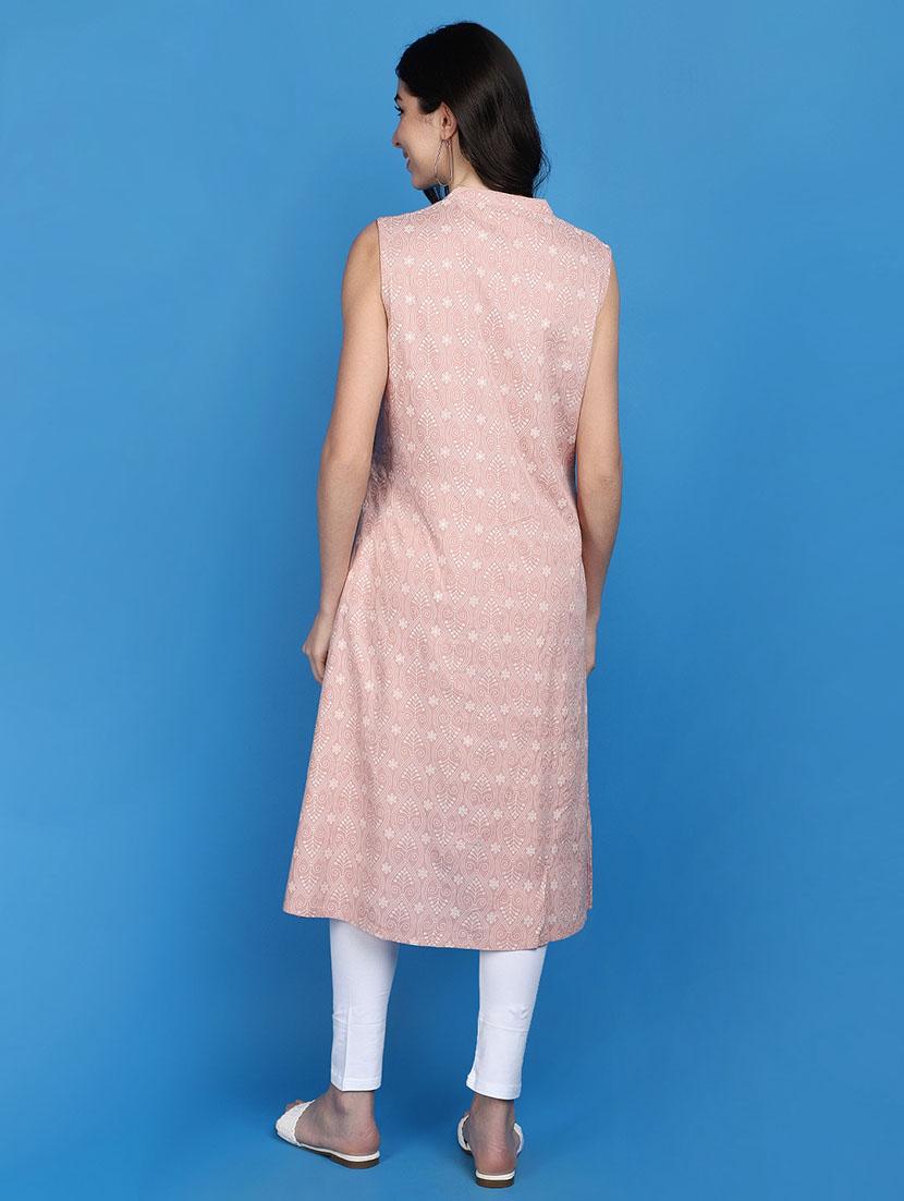 women pink mandarin neck a-line kurta - 20806476 - Standard Image - 3