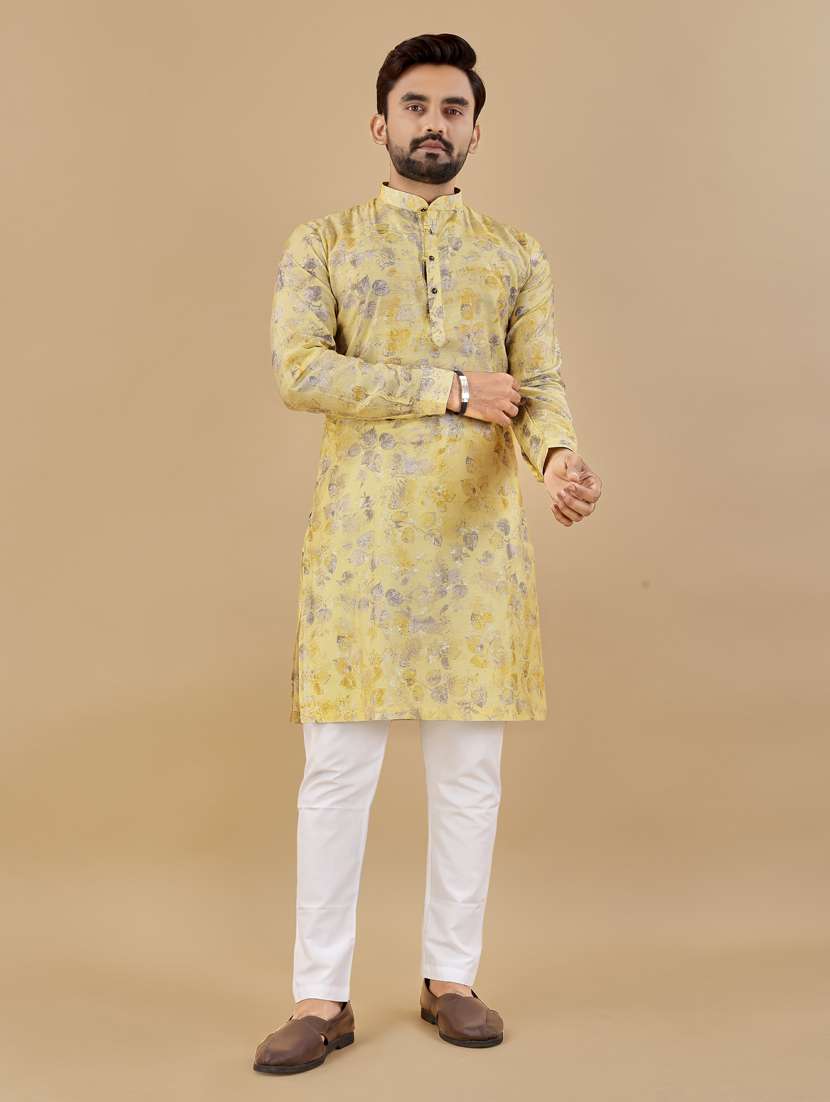 yellow mandarin neck long kurta