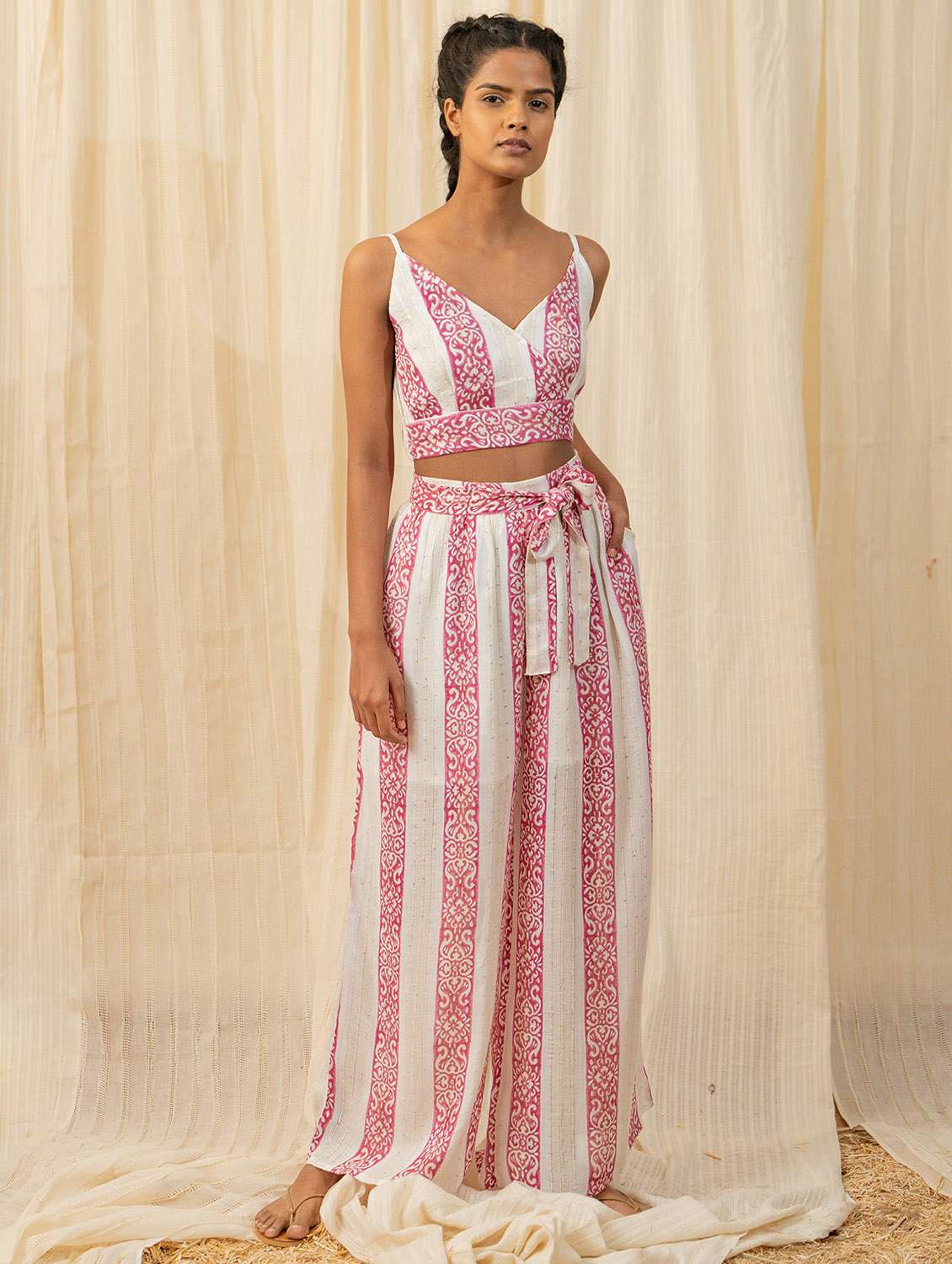 women white block printed top and palazzos co-ord set