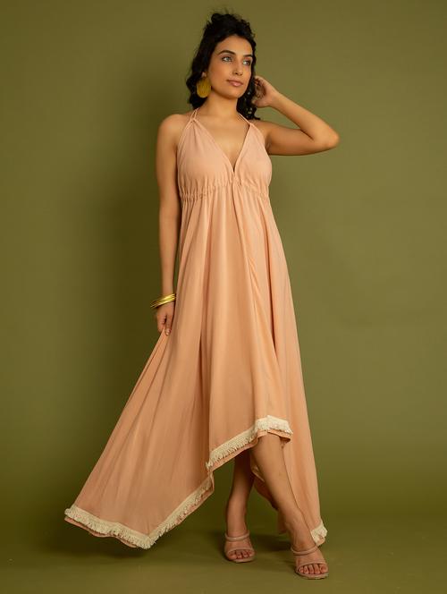 women peach solid with work a-line dress - 20807349 - Standard Image - 0