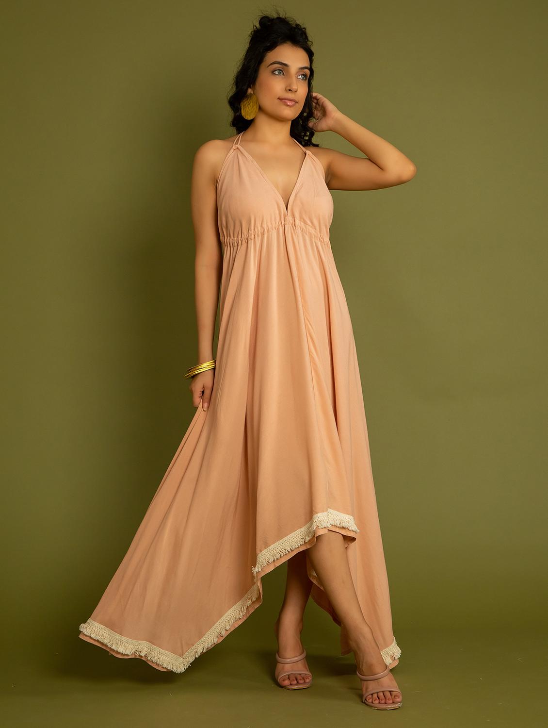 women peach solid with work a-line dress - 20807349 - Zoom Image - 0